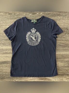 Vintage L-RL Active Ralph Lauren Rhinestone Crest Logo Navy Tee Shirt Women’s M